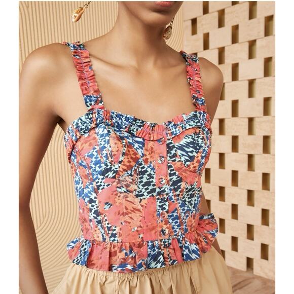 Ulla Johnson Crop Top Womens 12 Multi Alexandra Flamingo Printed Button‎ Detail - Picture 1 of 12